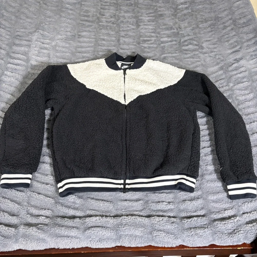 Nike Sportswear Sherpa Fleece Bomber Jacket Black White 939388-010 Womens Medium